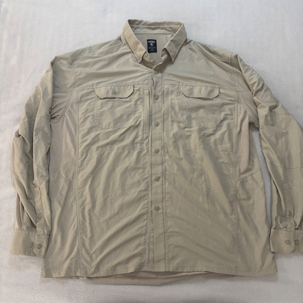 Kuhl Mens XXL Tan Khaki Airspeed Long Sleeve Button Down Hiking Fishing Shirt